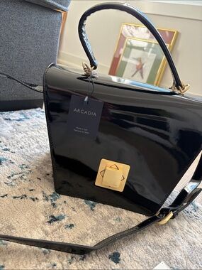 Arcadia Black Patent Satchel with Gold-Tone Lock